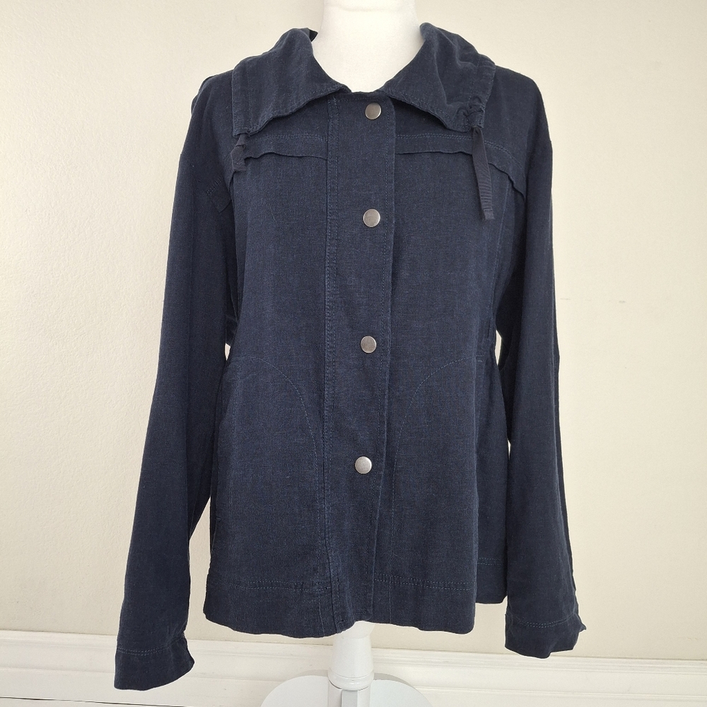 Eddie Bauer Navy Linen Blend Snap Front Utility Jacket
